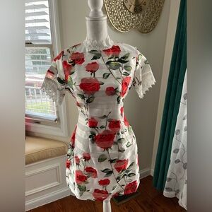 White Dress with Red Rose Print and Lace Trim by AX Paris